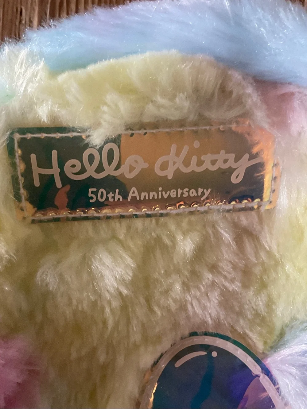 Hello Kitty 50 anniversary Pastel rainbow fur plush Backpack Teal Straps